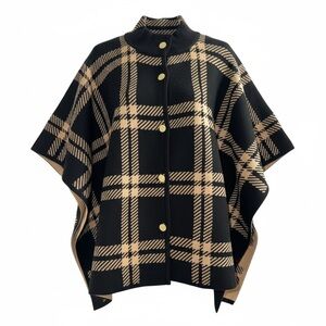 NWOT Chic Black and Tan Plaid Cape with Gold Buttons